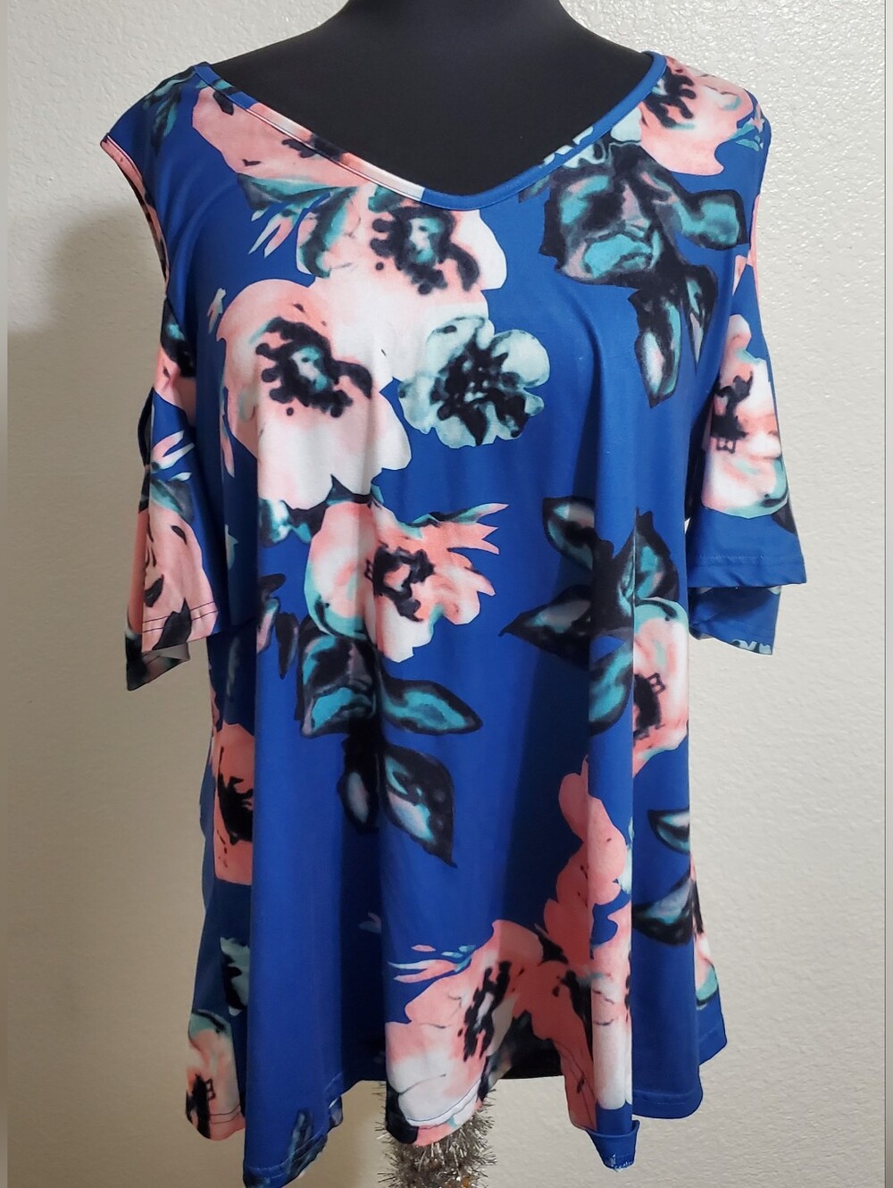 Blue Floral Cold-Shoulder Swing Top